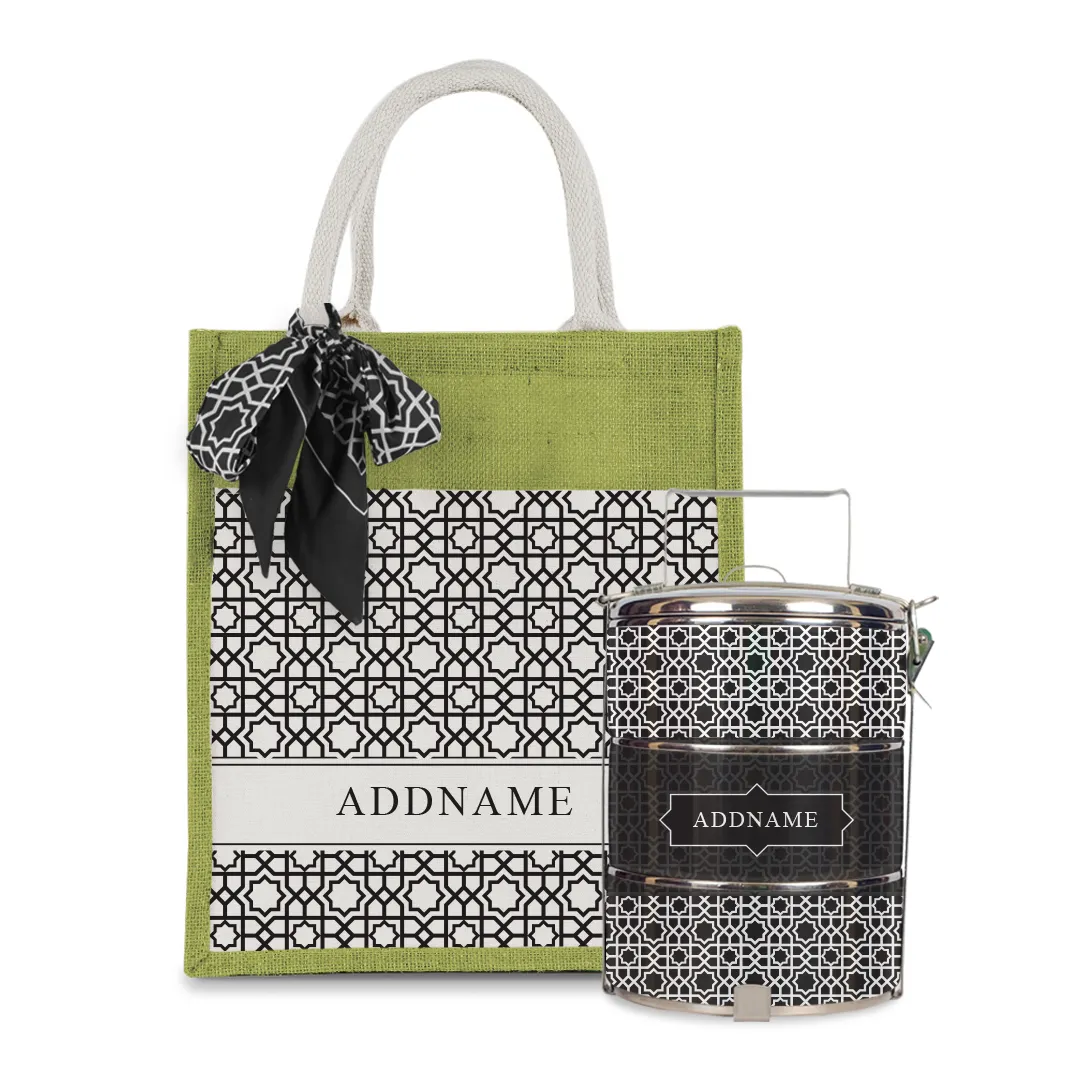 Annas Series - Black Colorful Jute Bag with Front Pocket with Tiffin Carrier Set