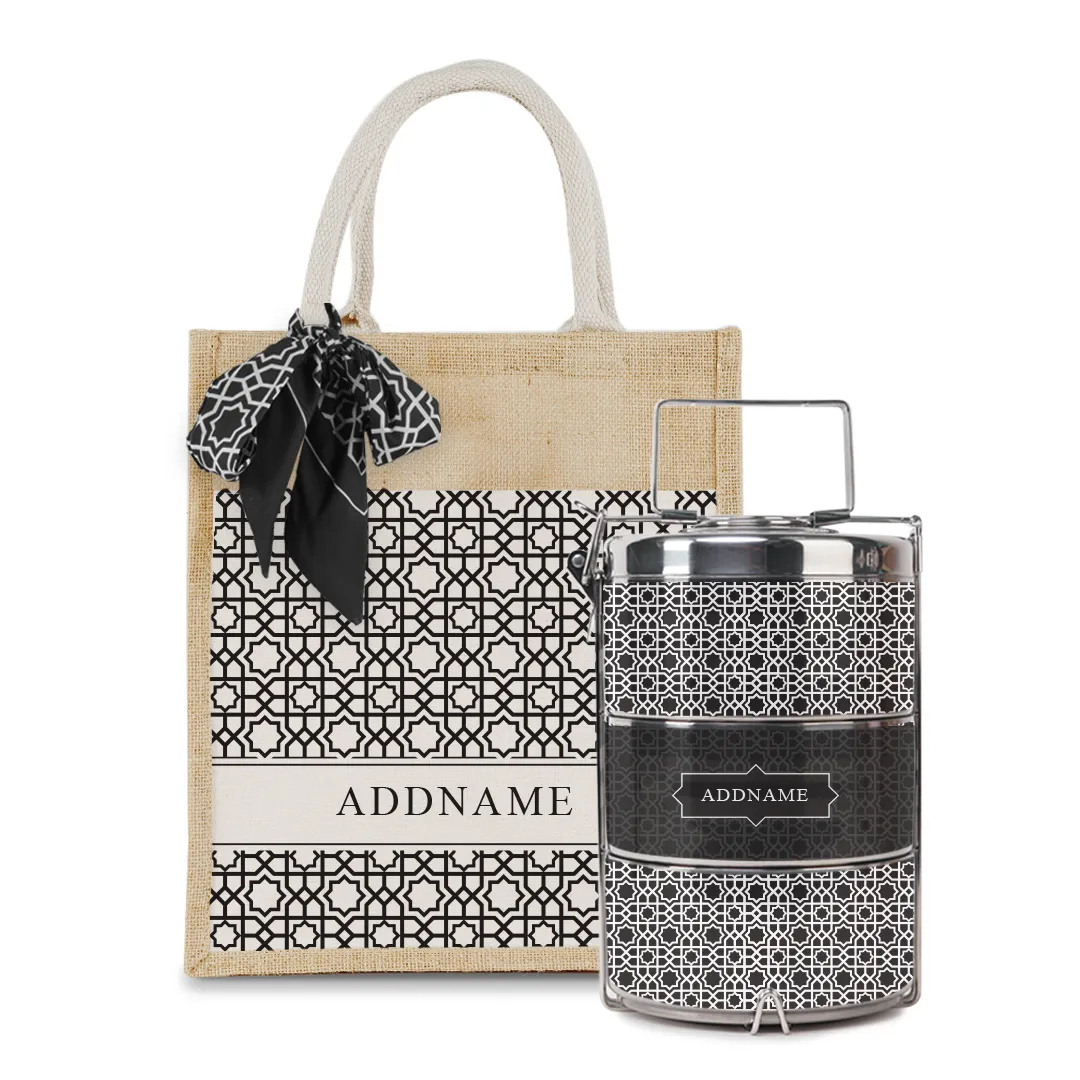 Annas Series - Black Colorful Jute Bag with Front Pocket with Tiffin Carrier Set