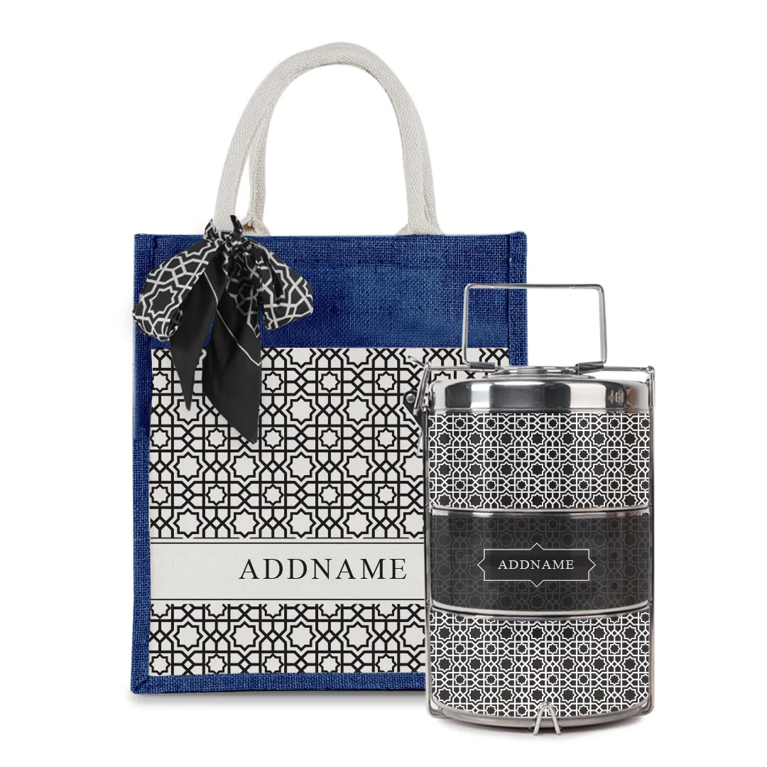 Annas Series - Black Colorful Jute Bag with Front Pocket with Tiffin Carrier Set