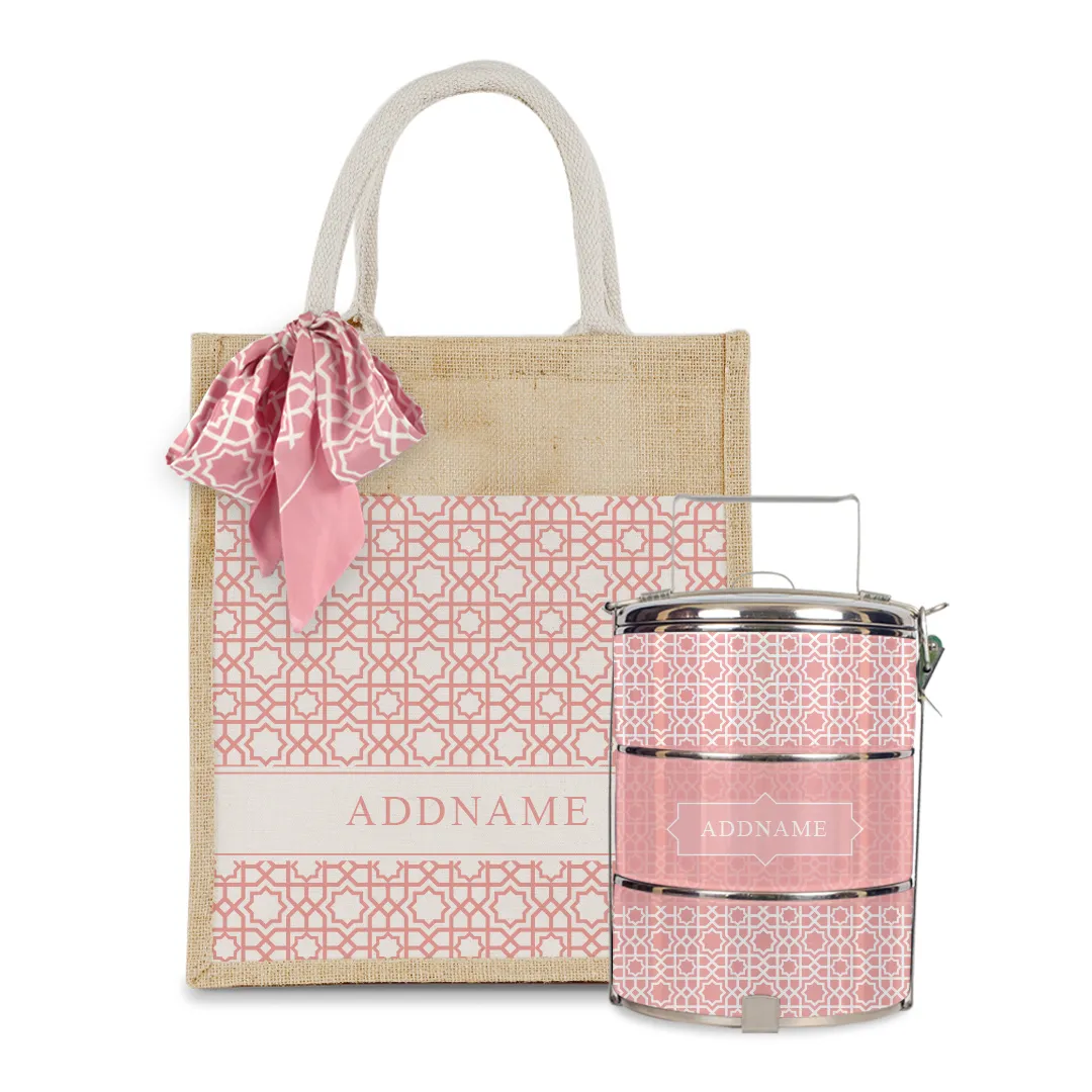 Annas Series - Pastel Peach Colorful Jute Bag with Front Pocket with Tiffin Carrier Set