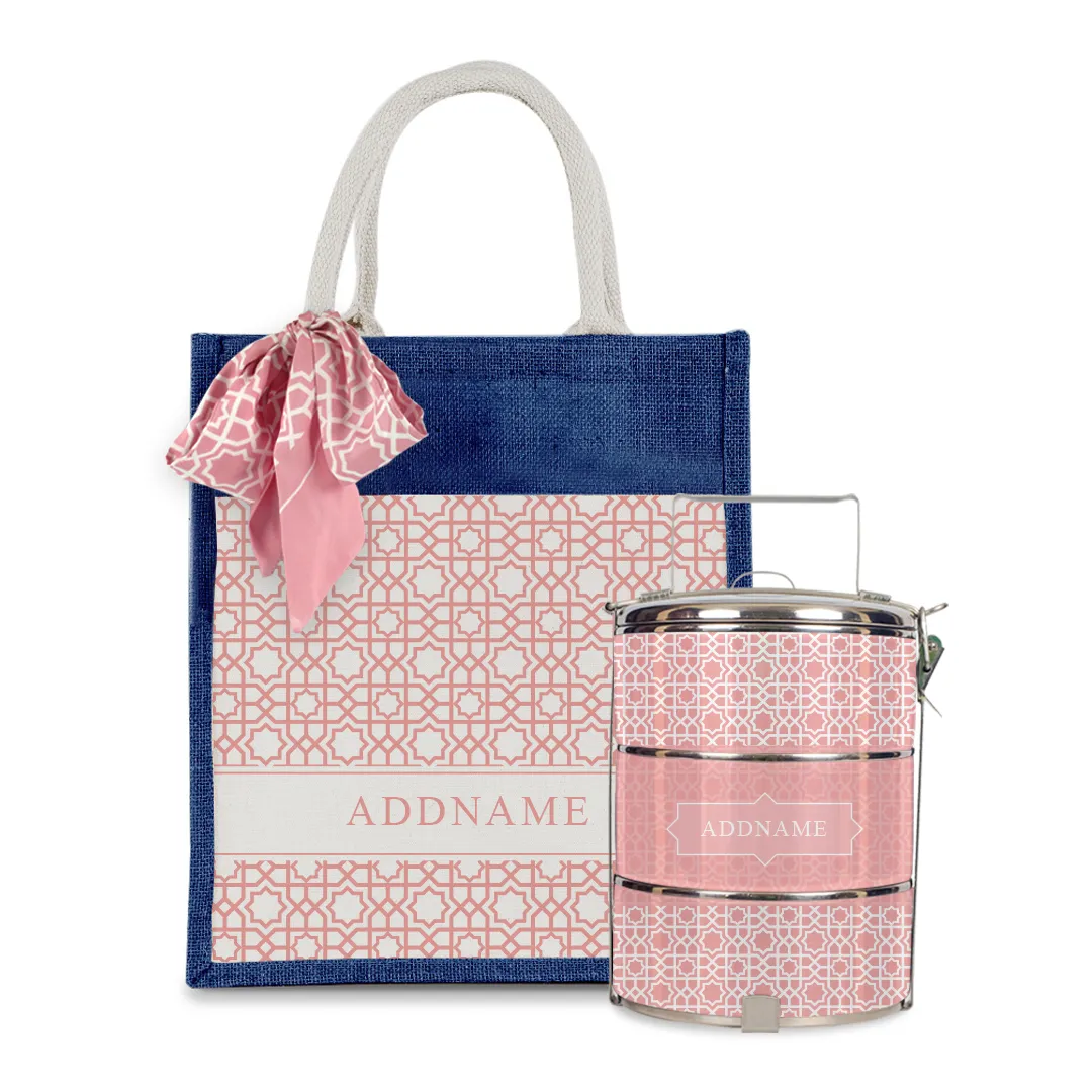 Annas Series - Pastel Peach Colorful Jute Bag with Front Pocket with Tiffin Carrier Set