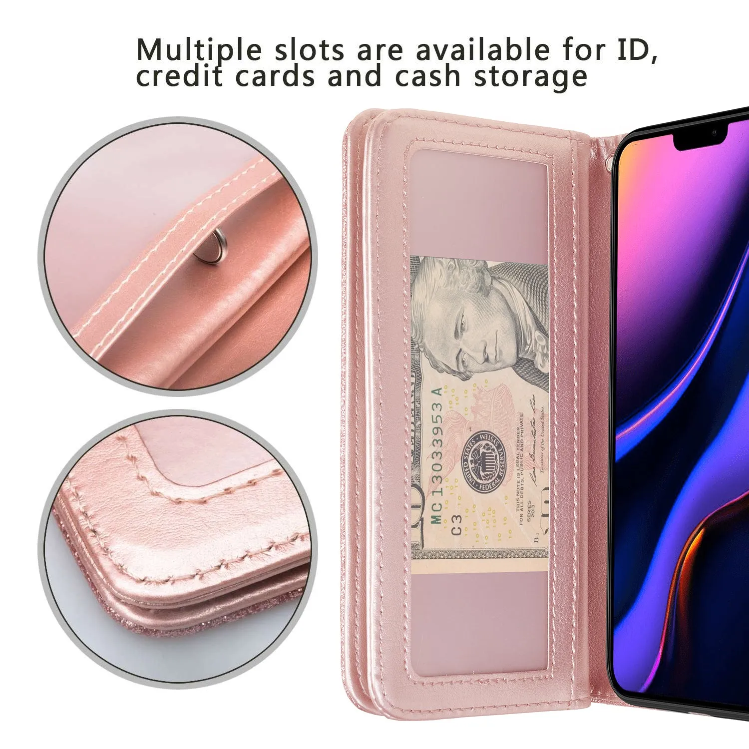 Apple iPhone 11 Pro Max Case, iPhone 11 Pro Max Case, Glitter Faux Leather Flip Credit Card Holder Wrist Strap Shockproof Protective Wallet Case Clutch for iPhone 11 Pro Max - Rose Gold