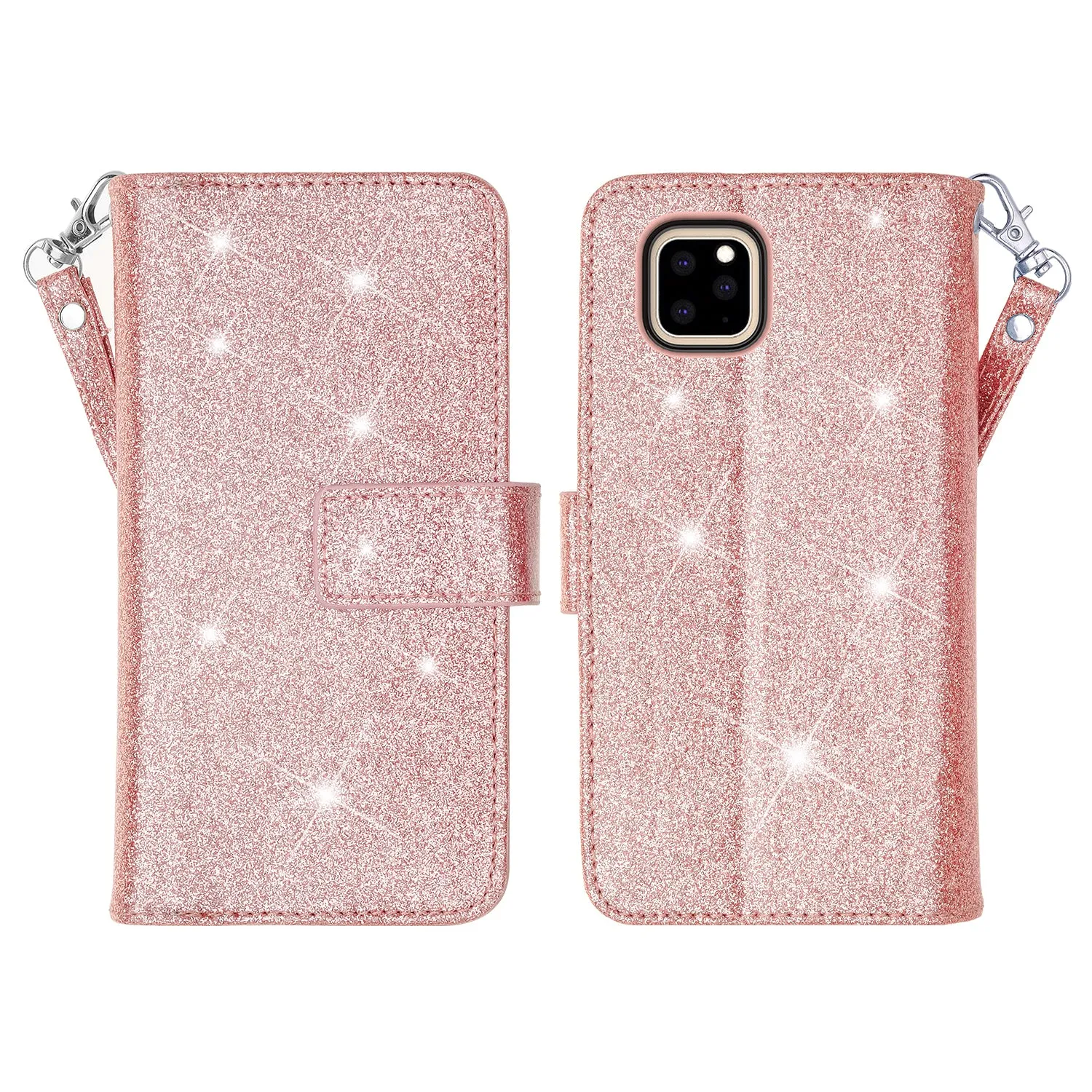 Apple iPhone 11 Pro Max Case, iPhone 11 Pro Max Case, Glitter Faux Leather Flip Credit Card Holder Wrist Strap Shockproof Protective Wallet Case Clutch for iPhone 11 Pro Max - Rose Gold