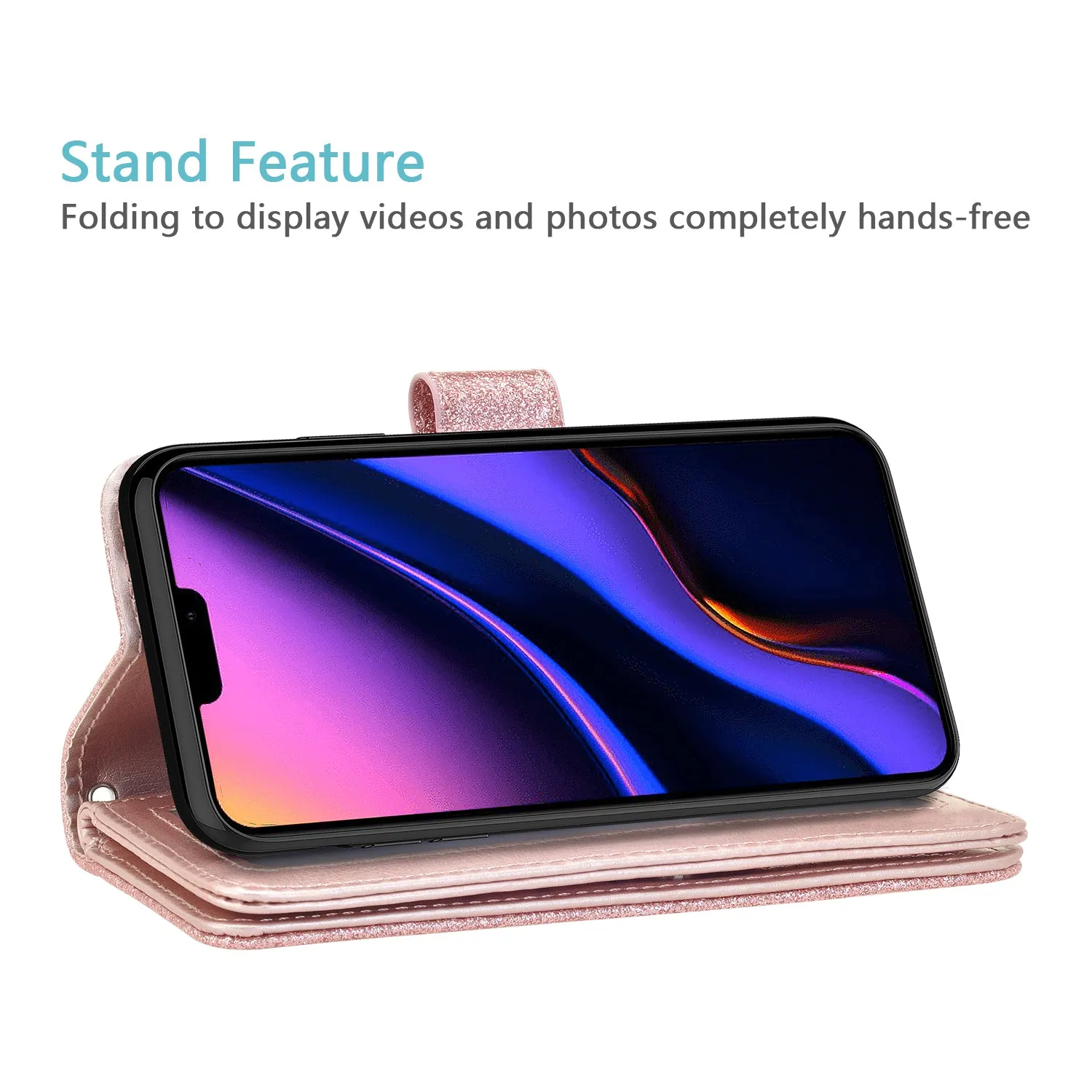 Apple iPhone 11 Pro Max Case, iPhone 11 Pro Max Case, Glitter Faux Leather Flip Credit Card Holder Wrist Strap Shockproof Protective Wallet Case Clutch for iPhone 11 Pro Max - Rose Gold