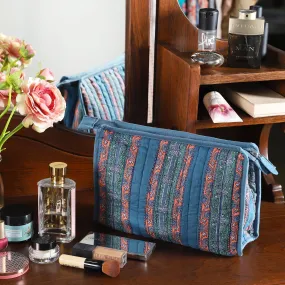 Border Blue Quitlted Cotton Toilet Bag