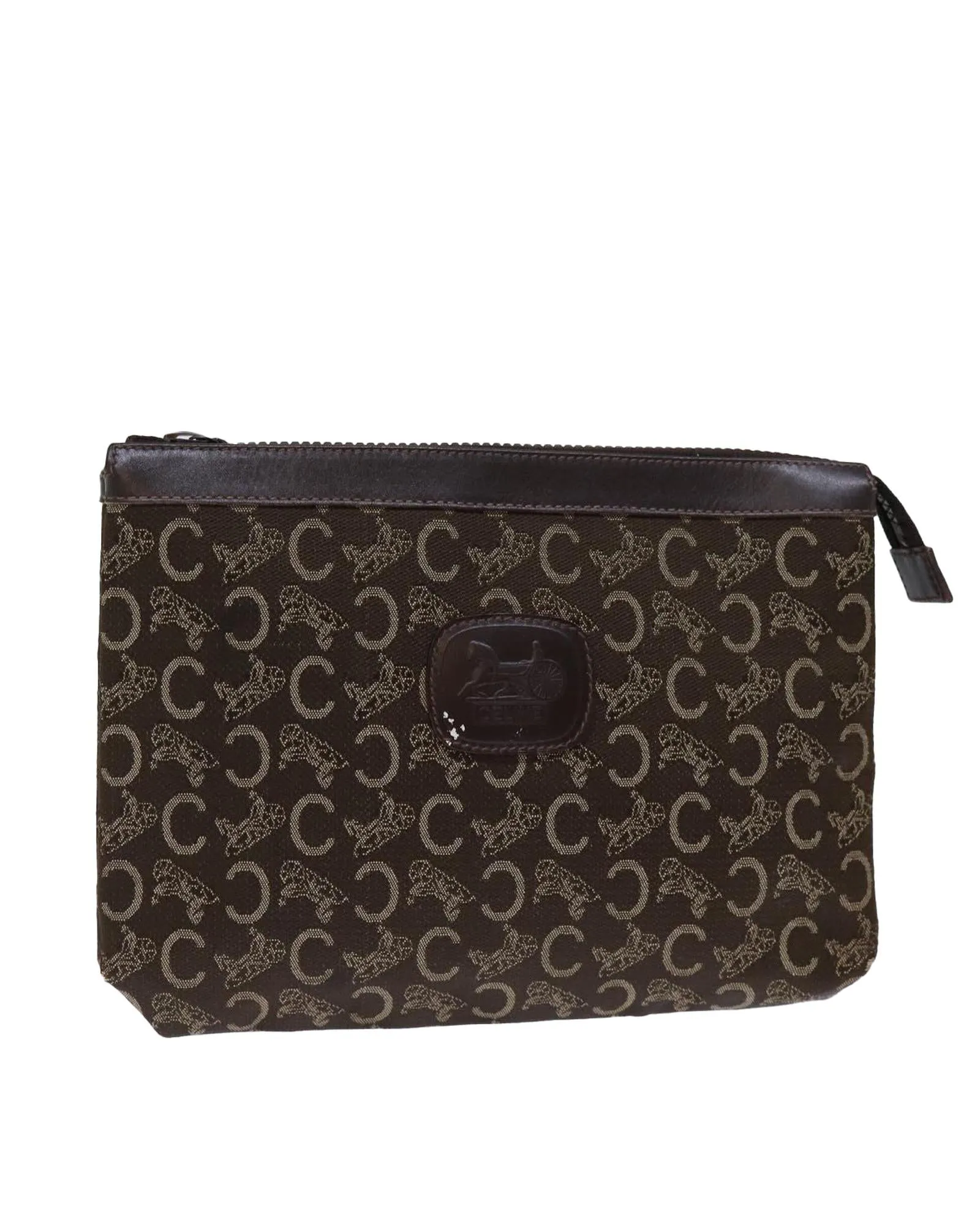 CELINE Vintage Brown Canvas Clutch Bag with Leather Trim