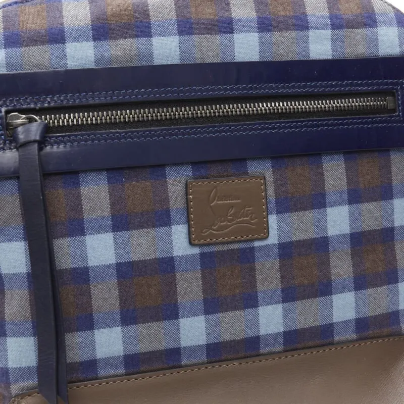 CHRISTIAN LOUBOUTIN Backloubi blue brown gingham check spike stud backpack bag