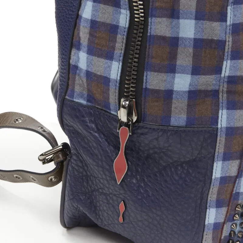 CHRISTIAN LOUBOUTIN Backloubi blue brown gingham check spike stud backpack bag