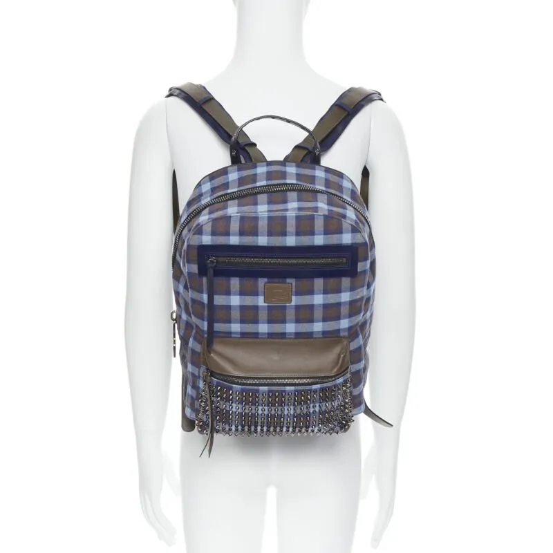 CHRISTIAN LOUBOUTIN Backloubi blue brown gingham check spike stud backpack bag