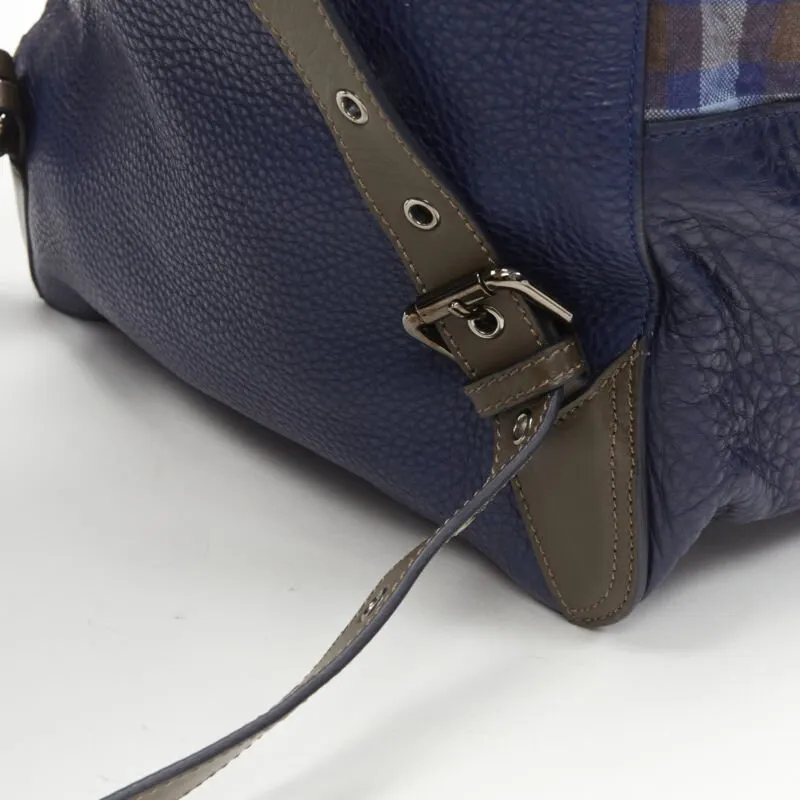 CHRISTIAN LOUBOUTIN Backloubi blue brown gingham check spike stud backpack bag