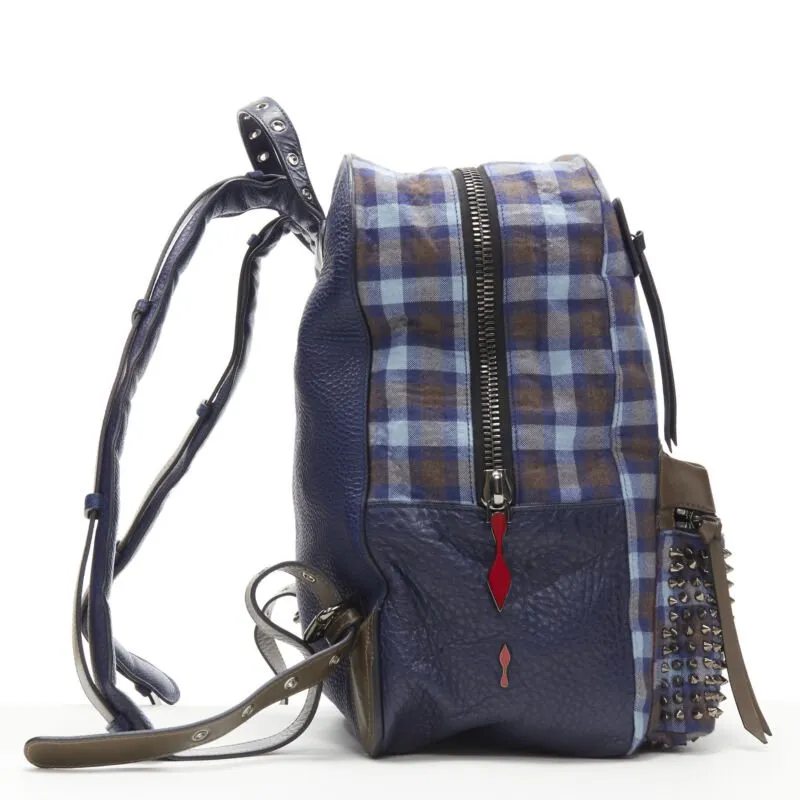 CHRISTIAN LOUBOUTIN Backloubi blue brown gingham check spike stud backpack bag
