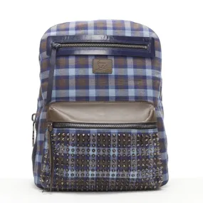 CHRISTIAN LOUBOUTIN Backloubi blue brown gingham check spike stud backpack bag