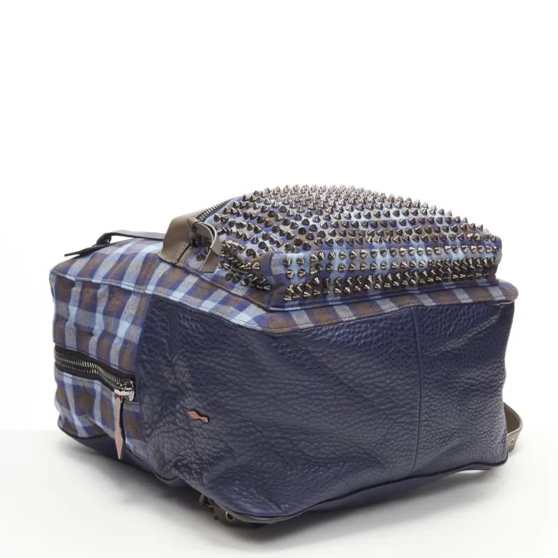 CHRISTIAN LOUBOUTIN Backloubi blue brown gingham check spike stud backpack bag