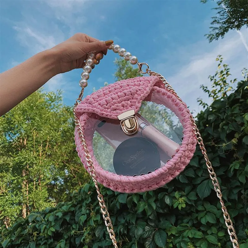 Cute Round Blue&Pink&Yellow(Flap) Crochet Crossbody Purse PMMA Crochet Shoulder Round Handbag for Girl Circle Crochet Crossbody Purses
