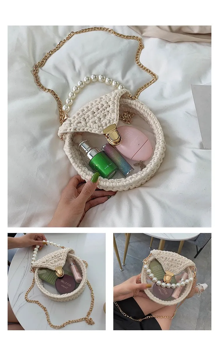 Cute Round Blue&Pink&Yellow(Flap) Crochet Crossbody Purse PMMA Crochet Shoulder Round Handbag for Girl Circle Crochet Crossbody Purses