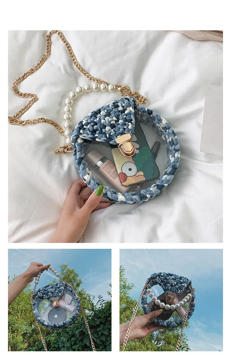 Cute Round Blue&Pink&Yellow(Flap) Crochet Crossbody Purse PMMA Crochet Shoulder Round Handbag for Girl Circle Crochet Crossbody Purses
