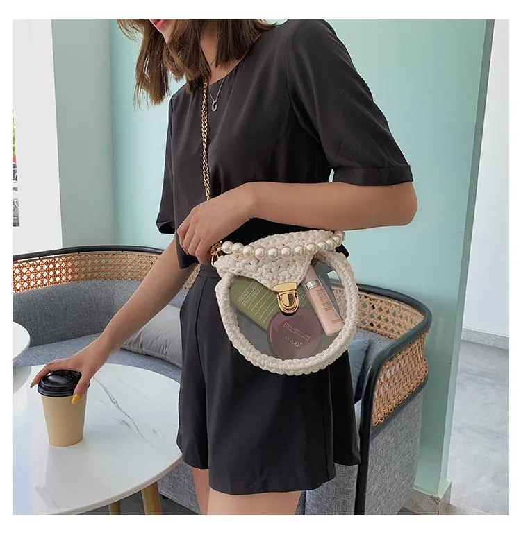 Cute Round Blue&Pink&Yellow(Flap) Crochet Crossbody Purse PMMA Crochet Shoulder Round Handbag for Girl Circle Crochet Crossbody Purses