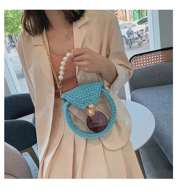 Cute Round Blue&Pink&Yellow(Flap) Crochet Crossbody Purse PMMA Crochet Shoulder Round Handbag for Girl Circle Crochet Crossbody Purses