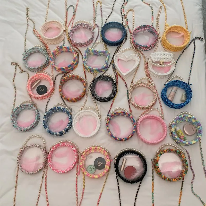 Cute Round Blue&Pink&Yellow(Flap) Crochet Crossbody Purse PMMA Crochet Shoulder Round Handbag for Girl Circle Crochet Crossbody Purses