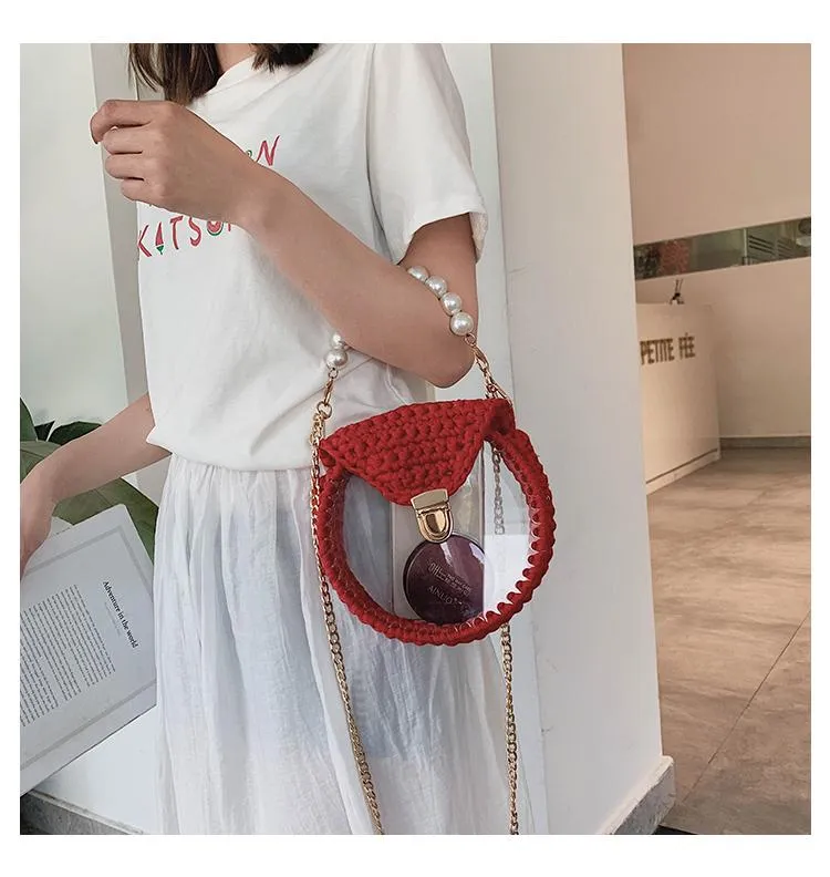 Cute Round Blue&Pink&Yellow(Flap) Crochet Crossbody Purse PMMA Crochet Shoulder Round Handbag for Girl Circle Crochet Crossbody Purses