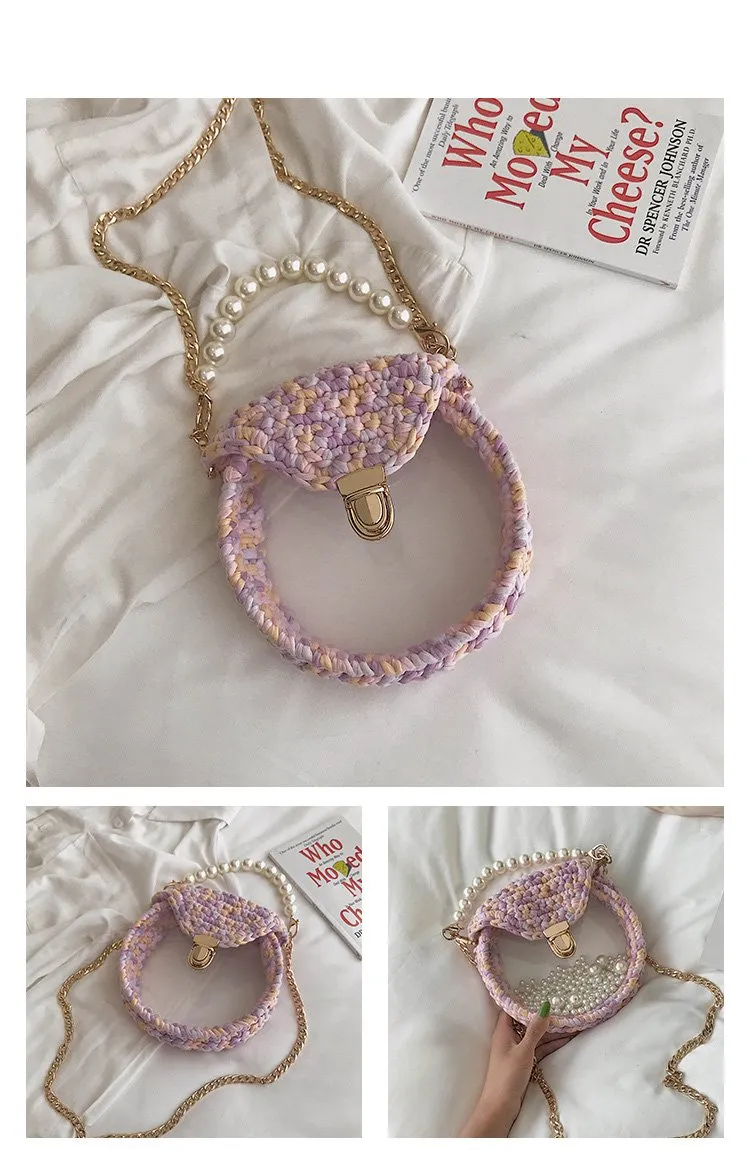 Cute Round Blue&Pink&Yellow(Flap) Crochet Crossbody Purse PMMA Crochet Shoulder Round Handbag for Girl Circle Crochet Crossbody Purses
