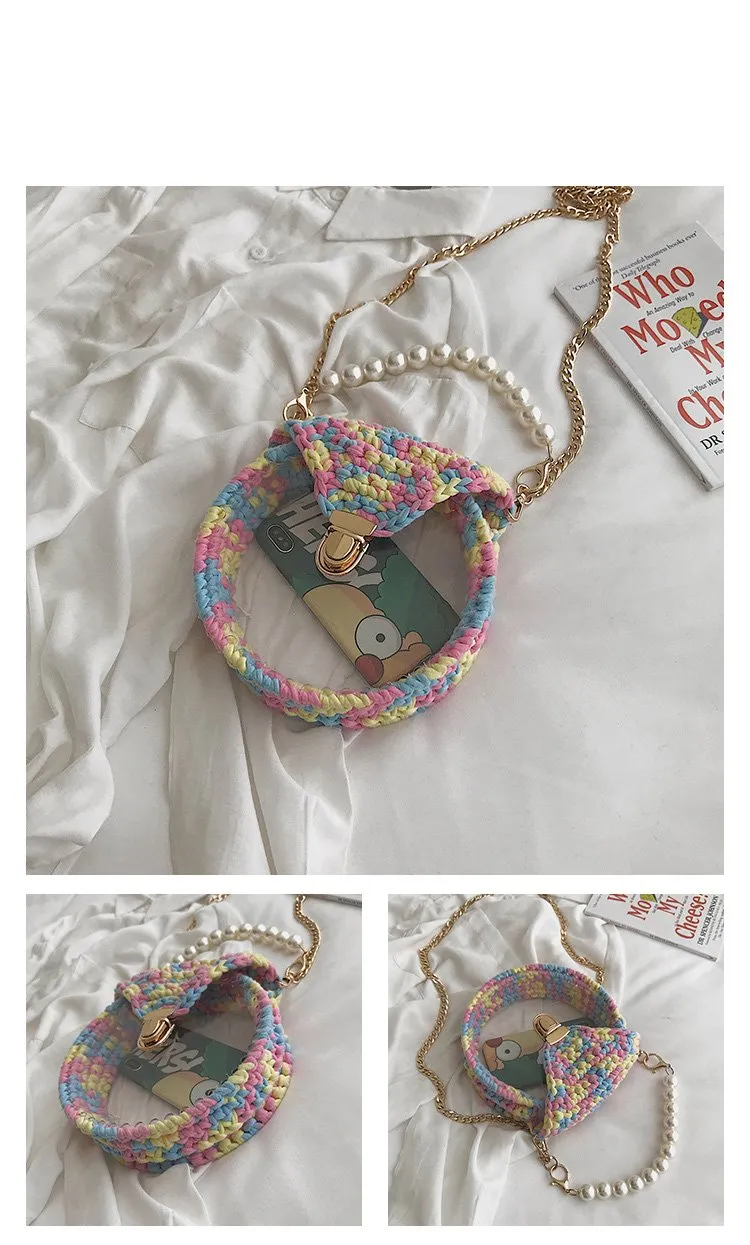 Cute Round Blue&Pink&Yellow(Flap) Crochet Crossbody Purse PMMA Crochet Shoulder Round Handbag for Girl Circle Crochet Crossbody Purses