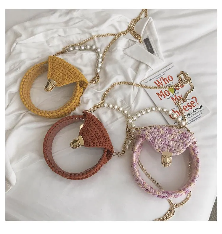Cute Round Blue&Pink&Yellow(Flap) Crochet Crossbody Purse PMMA Crochet Shoulder Round Handbag for Girl Circle Crochet Crossbody Purses