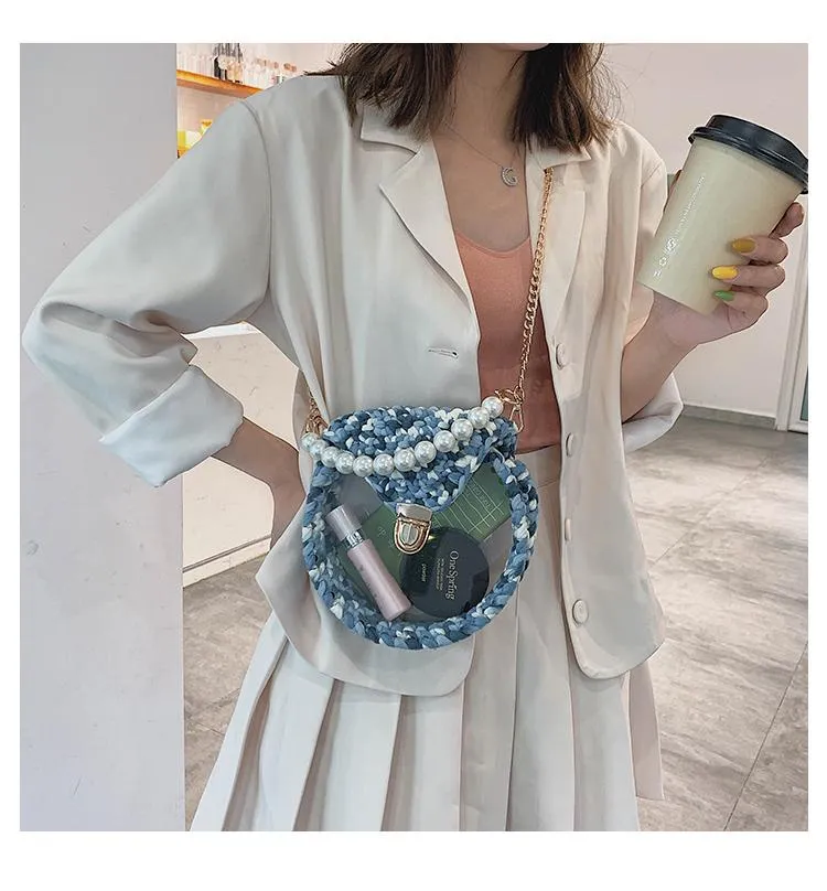 Cute Round Blue&Pink&Yellow(Flap) Crochet Crossbody Purse PMMA Crochet Shoulder Round Handbag for Girl Circle Crochet Crossbody Purses