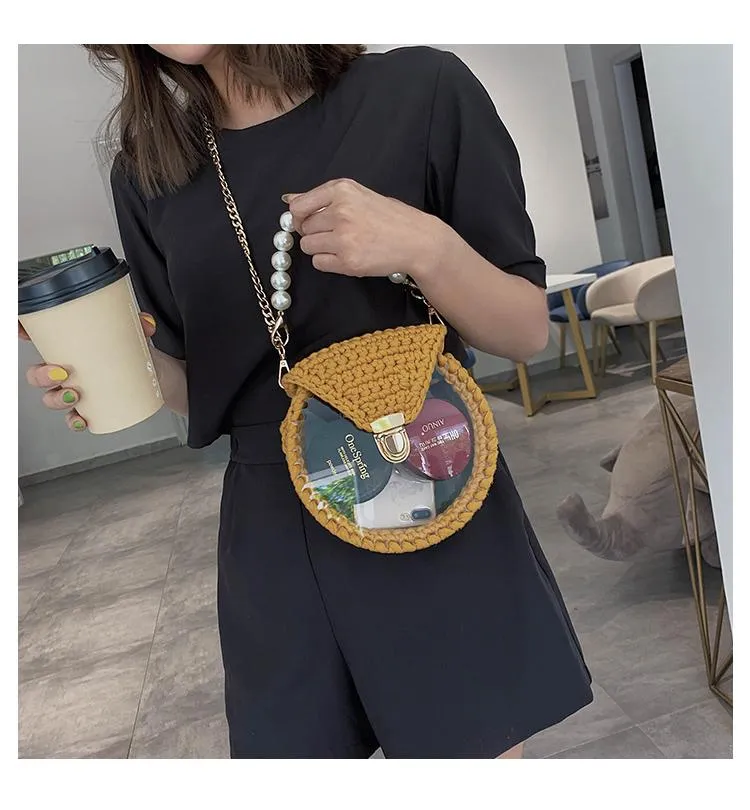 Cute Round Blue&Pink&Yellow(Flap) Crochet Crossbody Purse PMMA Crochet Shoulder Round Handbag for Girl Circle Crochet Crossbody Purses