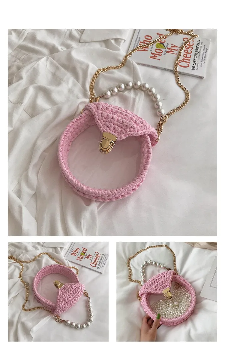 Cute Round Blue&Pink&Yellow(Flap) Crochet Crossbody Purse PMMA Crochet Shoulder Round Handbag for Girl Circle Crochet Crossbody Purses