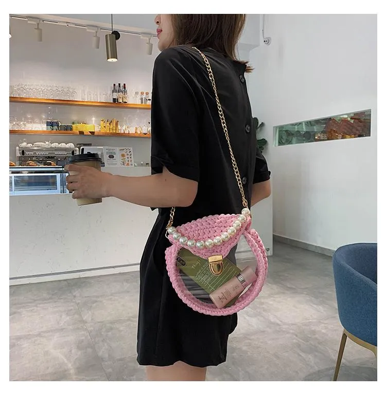 Cute Round Blue&Pink&Yellow(Flap) Crochet Crossbody Purse PMMA Crochet Shoulder Round Handbag for Girl Circle Crochet Crossbody Purses