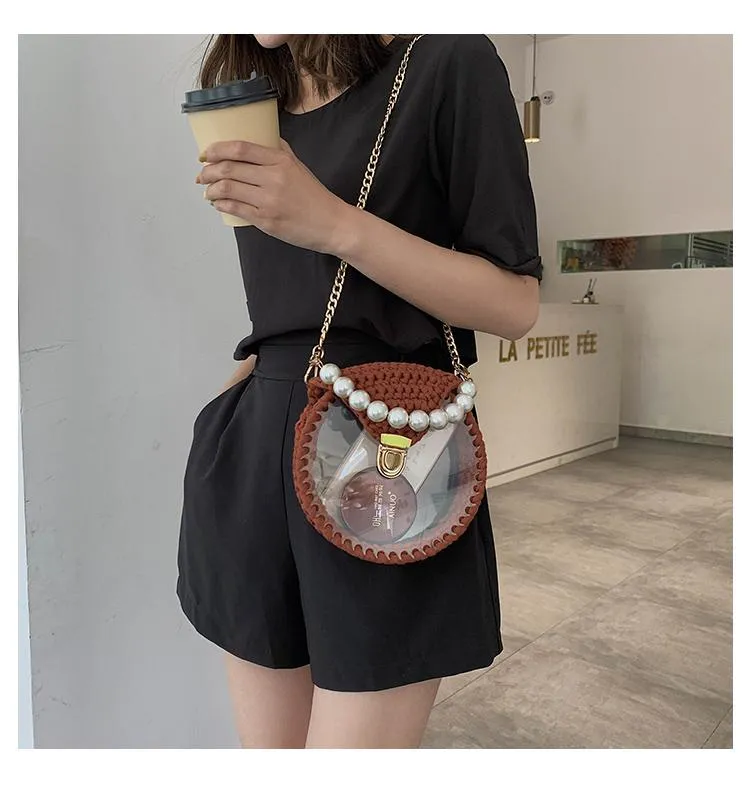 Cute Round Blue&Pink&Yellow(Flap) Crochet Crossbody Purse PMMA Crochet Shoulder Round Handbag for Girl Circle Crochet Crossbody Purses