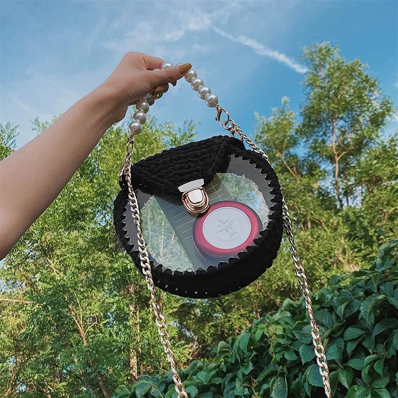 Cute Round Blue&Pink&Yellow(Flap) Crochet Crossbody Purse PMMA Crochet Shoulder Round Handbag for Girl Circle Crochet Crossbody Purses