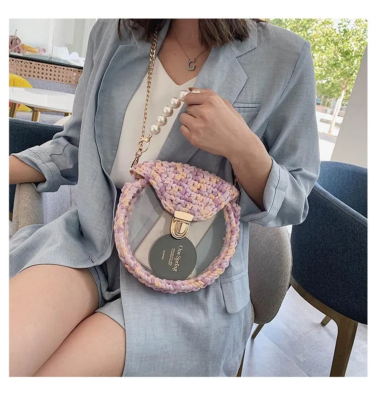 Cute Round Blue&Pink&Yellow(Flap) Crochet Crossbody Purse PMMA Crochet Shoulder Round Handbag for Girl Circle Crochet Crossbody Purses