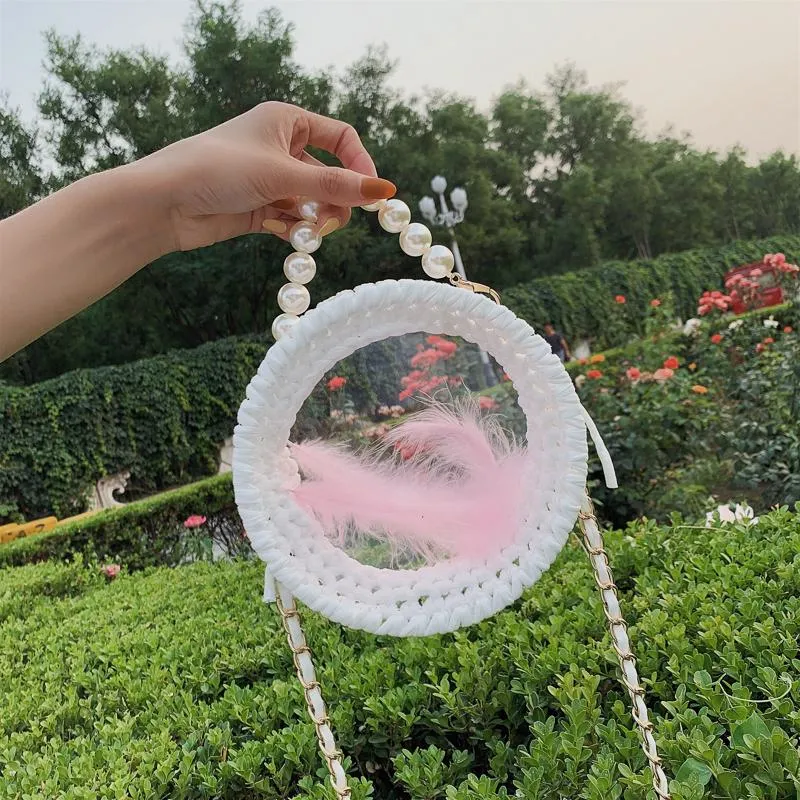Cute Round Blue&Pink&Yellow(Flap) Crochet Crossbody Purse PMMA Crochet Shoulder Round Handbag for Girl Circle Crochet Crossbody Purses