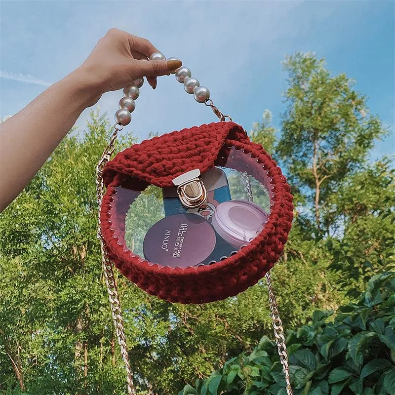 Cute Round Blue&Pink&Yellow(Flap) Crochet Crossbody Purse PMMA Crochet Shoulder Round Handbag for Girl Circle Crochet Crossbody Purses