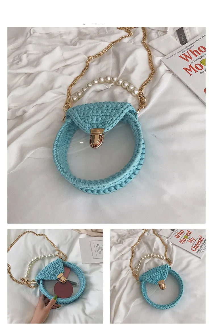 Cute Round Blue&Pink&Yellow(Flap) Crochet Crossbody Purse PMMA Crochet Shoulder Round Handbag for Girl Circle Crochet Crossbody Purses