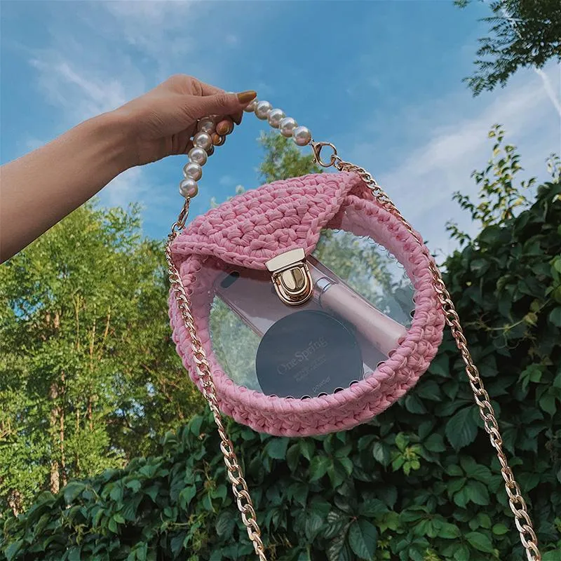 Cute Round Blue&Pink&Yellow(Flap) Crochet Crossbody Purse PMMA Crochet Shoulder Round Handbag for Girl Circle Crochet Crossbody Purses
