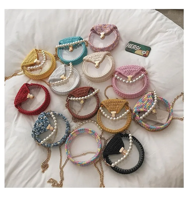 Cute Round Blue&Pink&Yellow(Flap) Crochet Crossbody Purse PMMA Crochet Shoulder Round Handbag for Girl Circle Crochet Crossbody Purses