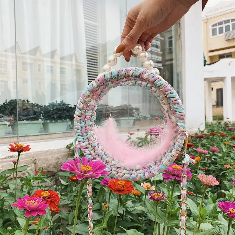 Cute Round Blue&Pink&Yellow(Flap) Crochet Crossbody Purse PMMA Crochet Shoulder Round Handbag for Girl Circle Crochet Crossbody Purses