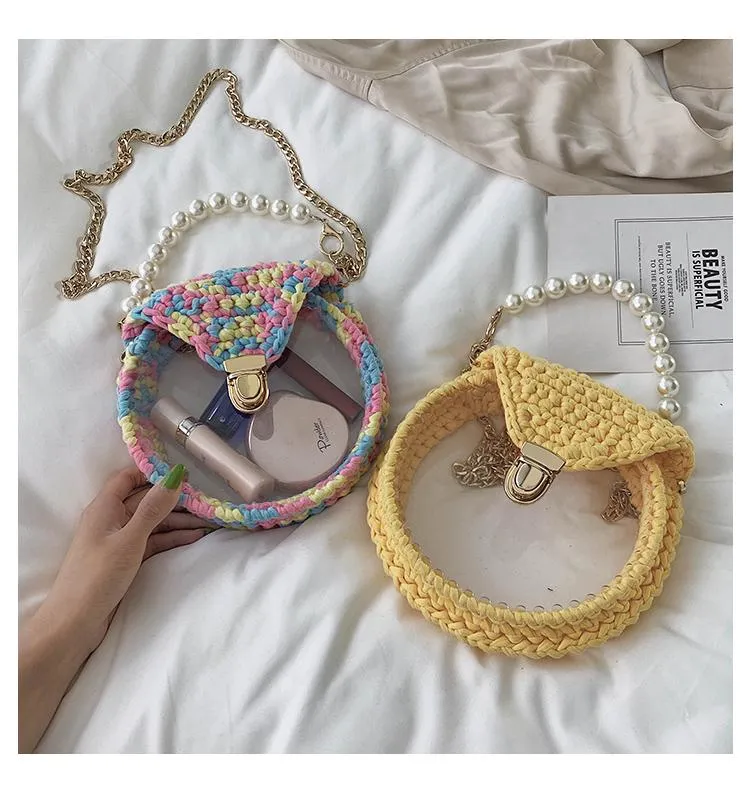 Cute Round Blue&Pink&Yellow(Flap) Crochet Crossbody Purse PMMA Crochet Shoulder Round Handbag for Girl Circle Crochet Crossbody Purses