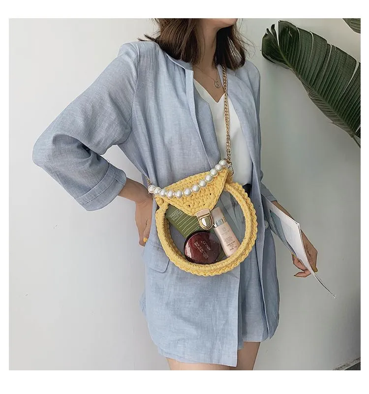 Cute Round Blue&Pink&Yellow(Flap) Crochet Crossbody Purse PMMA Crochet Shoulder Round Handbag for Girl Circle Crochet Crossbody Purses