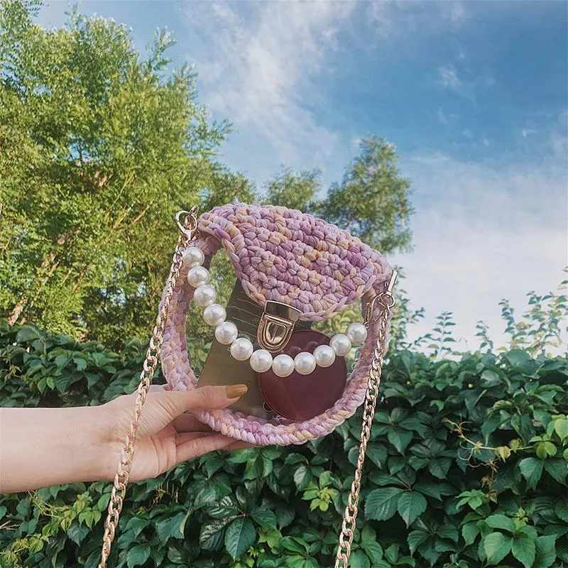 Cute Round Blue&Pink&Yellow(Flap) Crochet Crossbody Purse PMMA Crochet Shoulder Round Handbag for Girl Circle Crochet Crossbody Purses