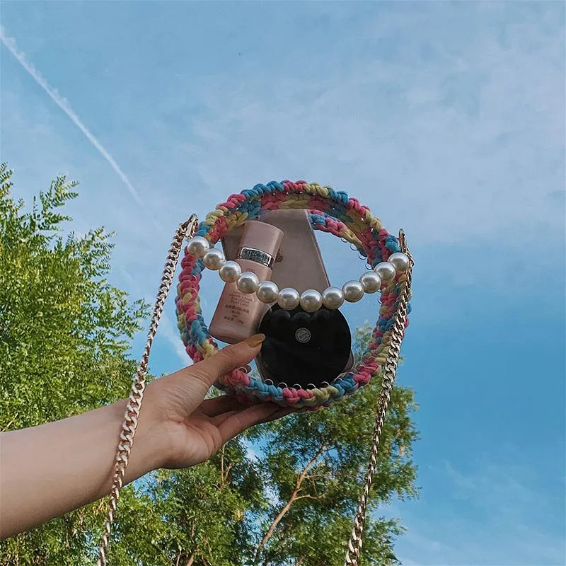 Cute Round Blue&Pink&Yellow(Flap) Crochet Crossbody Purse PMMA Crochet Shoulder Round Handbag for Girl Circle Crochet Crossbody Purses