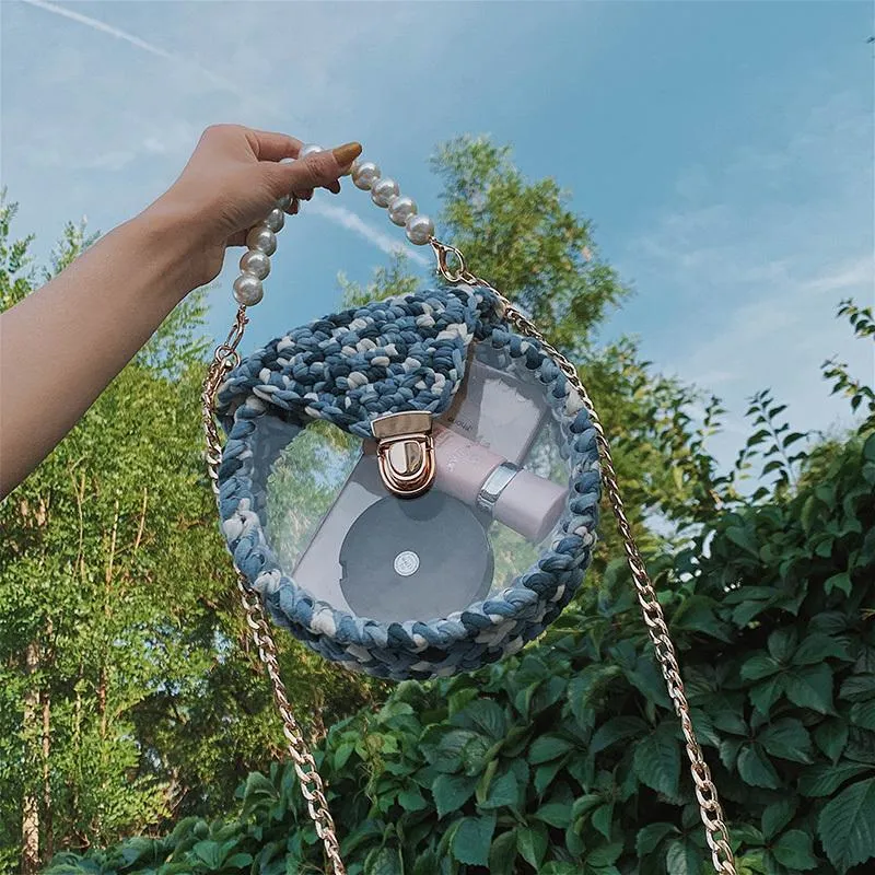 Cute Round Blue&Pink&Yellow(Flap) Crochet Crossbody Purse PMMA Crochet Shoulder Round Handbag for Girl Circle Crochet Crossbody Purses