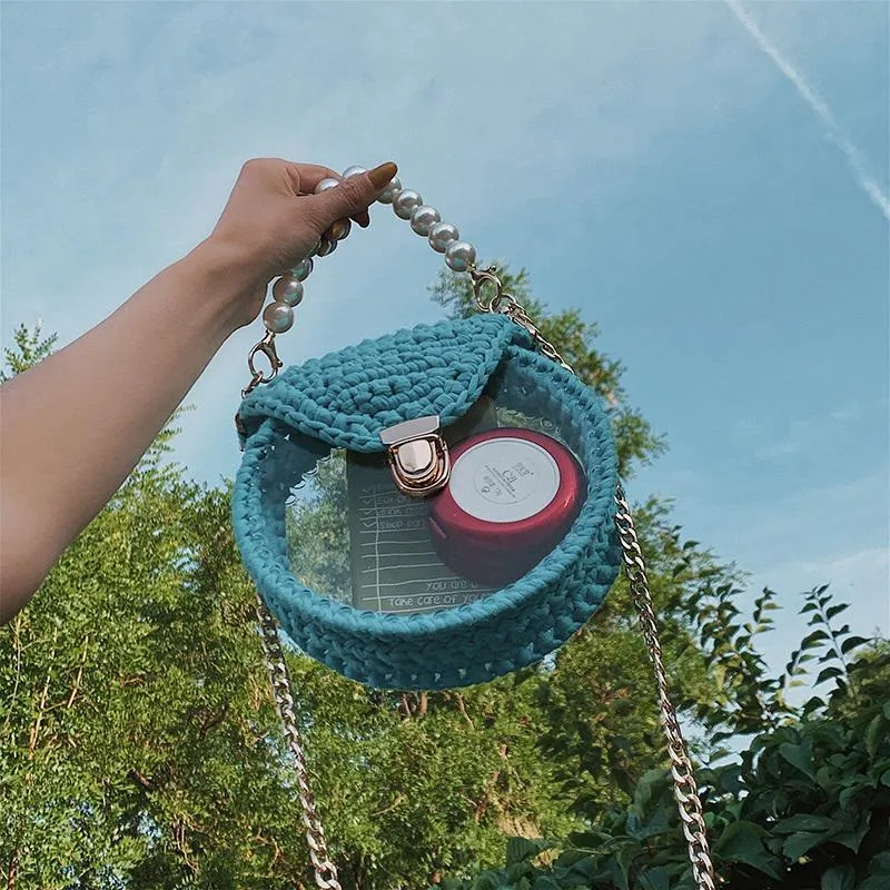 Cute Round Blue&Pink&Yellow(Flap) Crochet Crossbody Purse PMMA Crochet Shoulder Round Handbag for Girl Circle Crochet Crossbody Purses