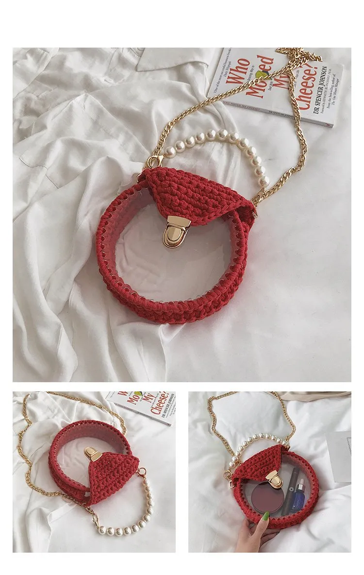 Cute Round Blue&Pink&Yellow(Flap) Crochet Crossbody Purse PMMA Crochet Shoulder Round Handbag for Girl Circle Crochet Crossbody Purses