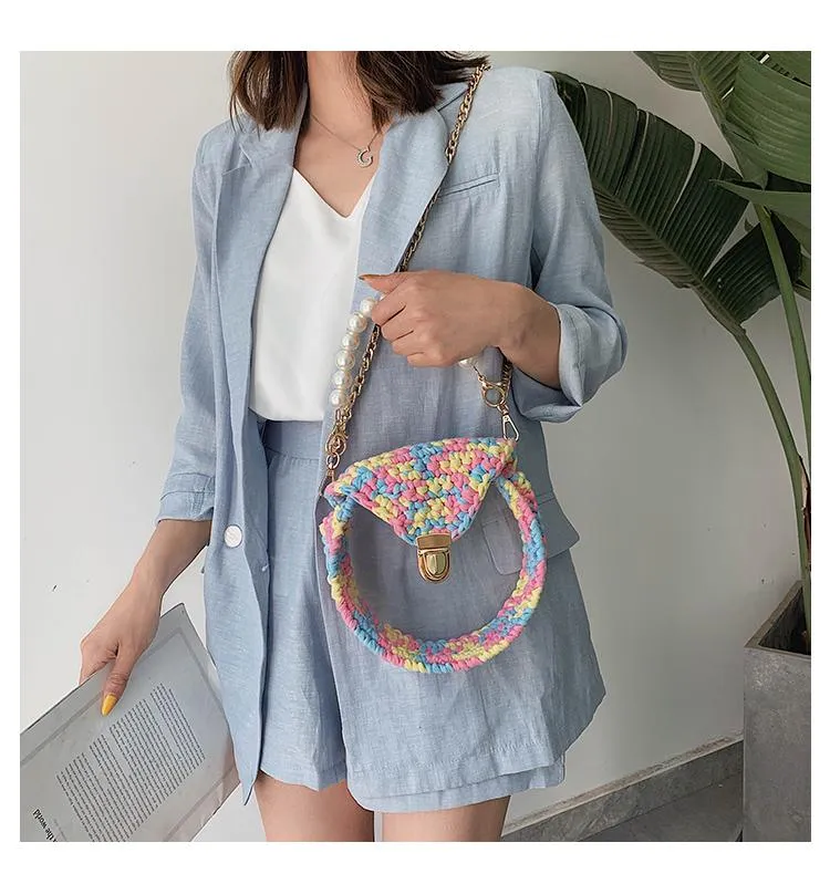 Cute Round Blue&Pink&Yellow(Flap) Crochet Crossbody Purse PMMA Crochet Shoulder Round Handbag for Girl Circle Crochet Crossbody Purses