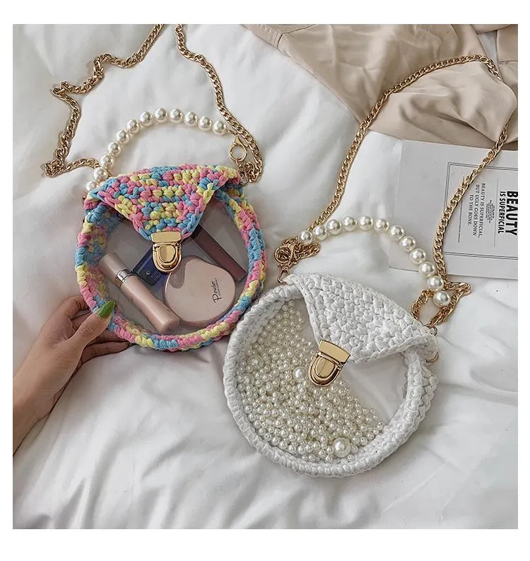 Cute Round Blue&Pink&Yellow(Flap) Crochet Crossbody Purse PMMA Crochet Shoulder Round Handbag for Girl Circle Crochet Crossbody Purses