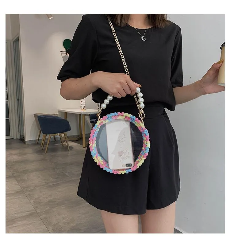 Cute Round Blue&Pink&Yellow(Flap) Crochet Crossbody Purse PMMA Crochet Shoulder Round Handbag for Girl Circle Crochet Crossbody Purses